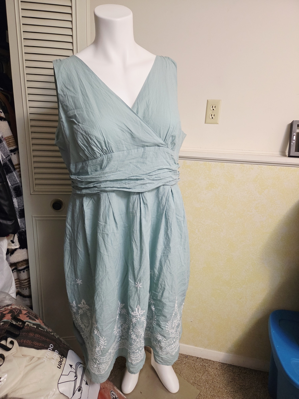 Dress Barn Light Aqua Wrap-Style Midi Dress with White Embroidery